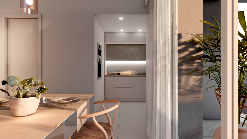 Vista cucina-soggiorno residenze via ferrara meda Cucina e soggiorno delle nuove case a Meda in classe A in via Ferrara