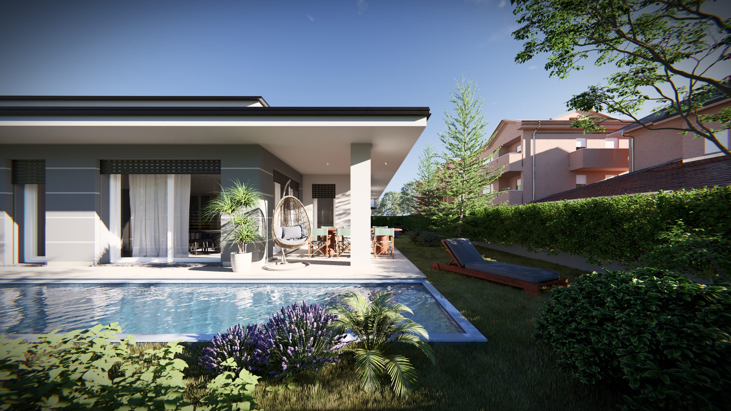 Piscina e giardino della villa in classe A di Meda