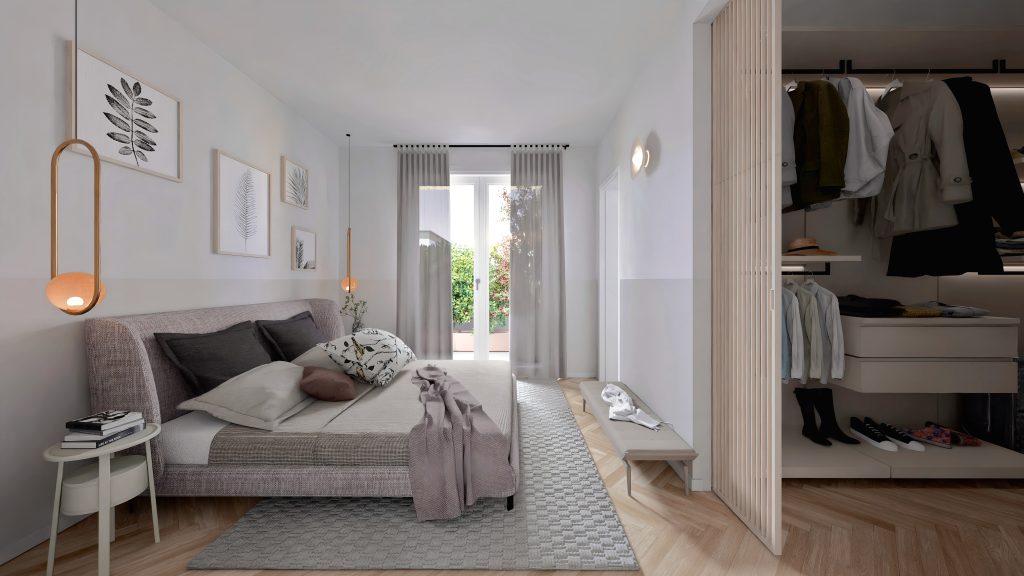 Camera da letto Villa Via Marelli Monza Camera da letto con cabina armadio e vista sull'esterno della nuova villa a Monza in via marelli