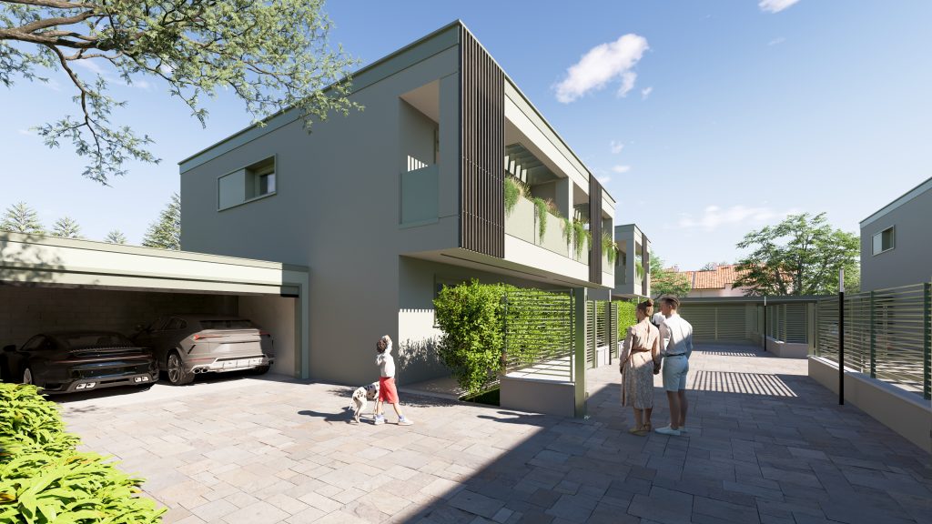 Esterno villa Monza Via Marelli Posto auto coperto della nuova villa a Monza in classe A